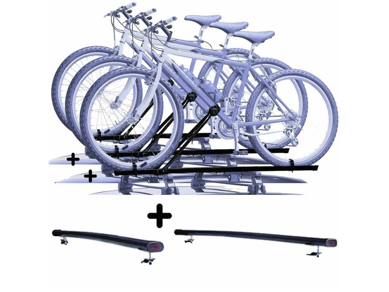 Set 3 Portabici tetto + Barre per SSANGYONG REXTON in Acciaio regolabili robusti Barre 122 CM + Kit Attacchi montaggio facile