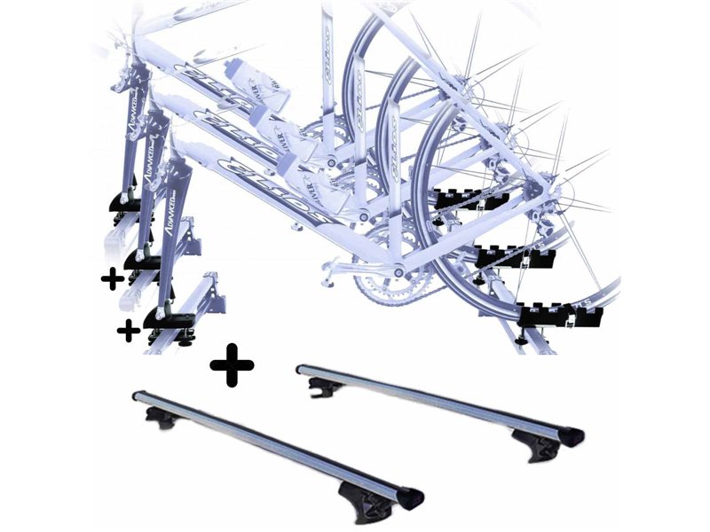 Set 3 Portabici tetto + Barre per SANDERO STEPWAY 09 c/Attacco a Forcella registrabili Barre 127 CM c/Serratura + Kit Attacchi