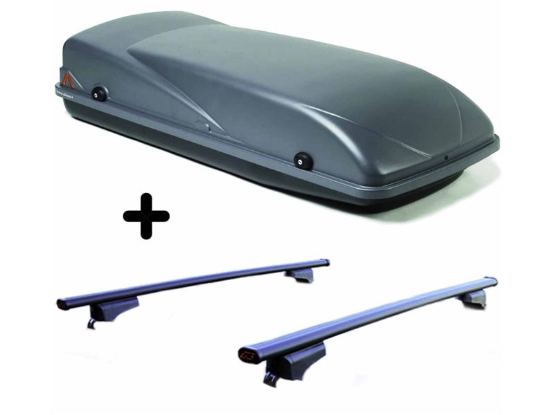 Set BOX + Barre Portatutto per SKODA FABIA SCOUT del 2009 capiente 355 Litri Grigio con 2 Serrature Barre 110 CM + Kit Attacchi