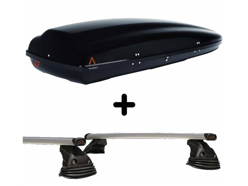 Set Baule tetto + Barre per FIAT GRANDE PUNTO 5P del 2005 capiente 390 Litri Nero con 2 Serrature Barre 110 CM c/Kit Attacchi