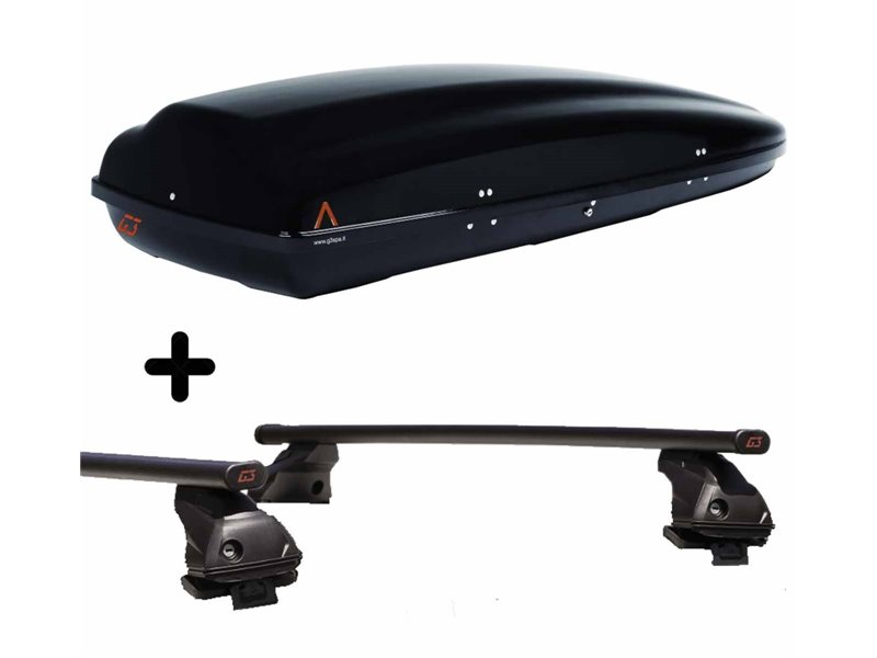 Set Baule tetto + Barre per DS DS3 dal 2009 al 2016 3 porte capiente 390 Litri Nero con 2 Serrature Barre 110 CM + Kit Attacchi