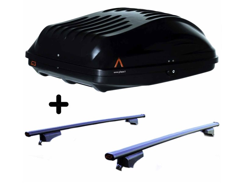 Set BOX + Barre Portatutto per INFINITI QX70 dal 2009 al 2017 capiente 220 Litri Nero con Serratura Barre 127 CM + Kit Attacchi