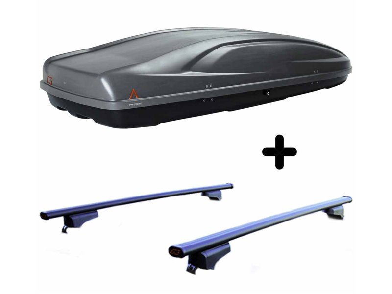 Set BOX + Barre Portatutto per AUDI A4 AVANT/ALLROAD 2001-2015 capiente 390 Litri Grigio con Chiave Barre 110 CM + Kit Attacchi