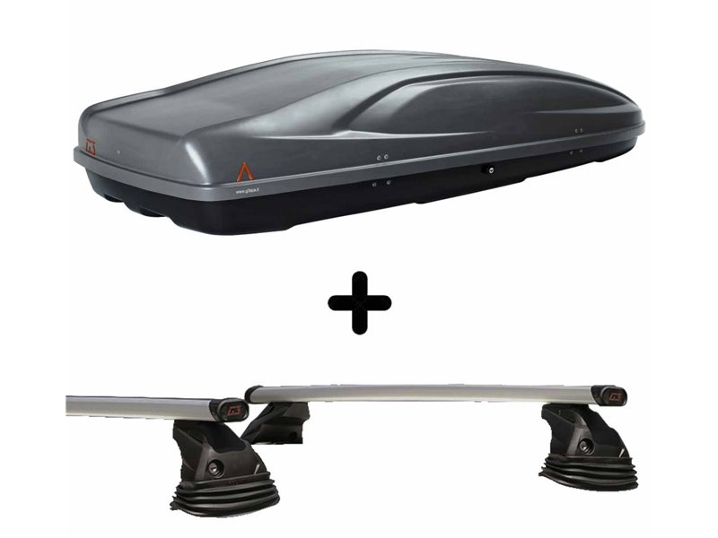 Set Baule tetto + Barre per NISSAN MICRA dal 2017 in poi capiente 390 Litri Colore Grigio con Chiave Barre 110 CM c/Kit Attacchi
