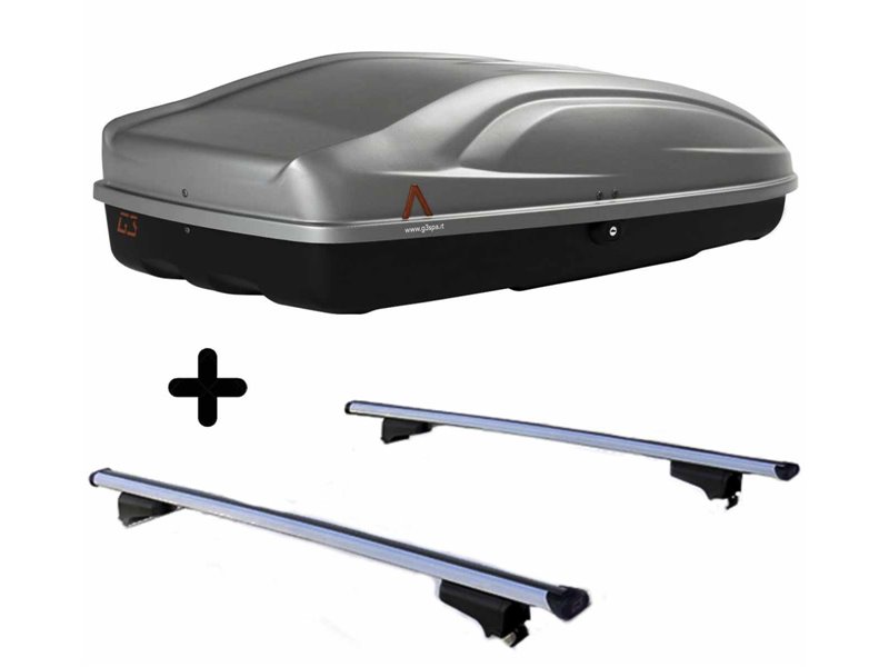 Set BOX tetto con Barre per OPEL GRANDLAND X del 2017 capiente 330 Litri in Grigio lucido con 2 Chiavi Barre 127 CM c/Serratura