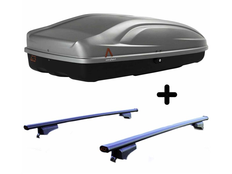 Set BOX + Barre Portatutto per MEGANE GRANTOUR dal 2003 capiente 330 Litri Grigio con 2 Serrature Barre 110 CM + Kit Attacchi