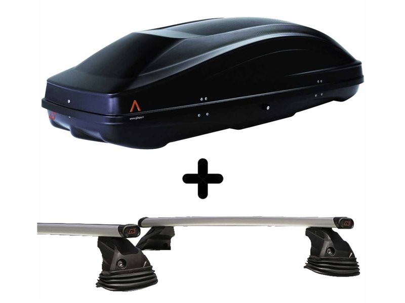 Set Baule tetto + Barre per MAZDA 2 dal 2003 al 2007 5P capiente 370 Litri Colore Nero con 2 Chiavi Barre 110 CM c/Kit Attacchi